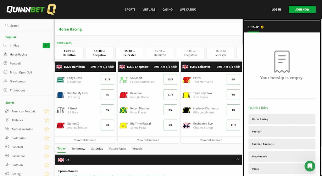 Quinnbet horse racing betting page