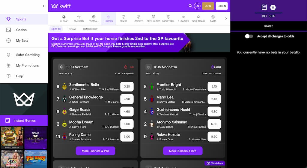 Kwiff horse racing betting page