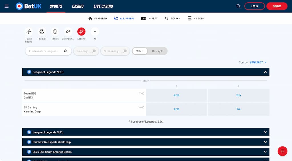 BetUK eSports betting page