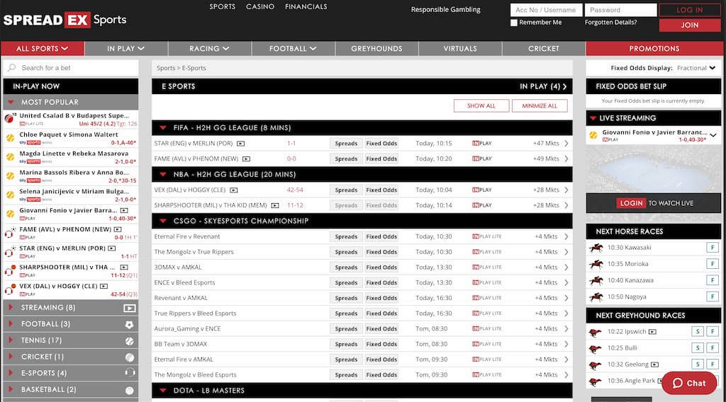 Spreadex eSports betting page