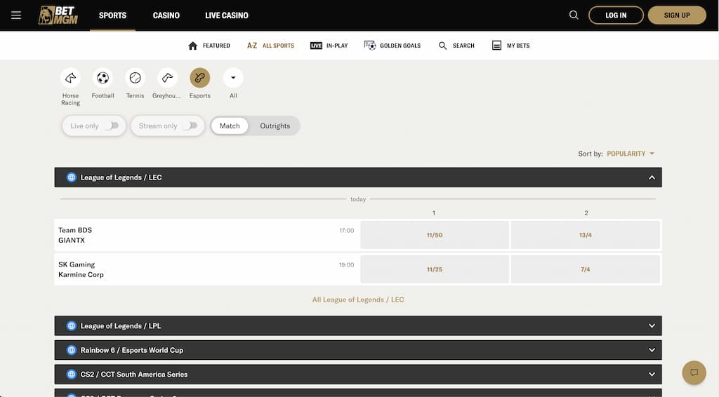 BetMGM eSports betting page