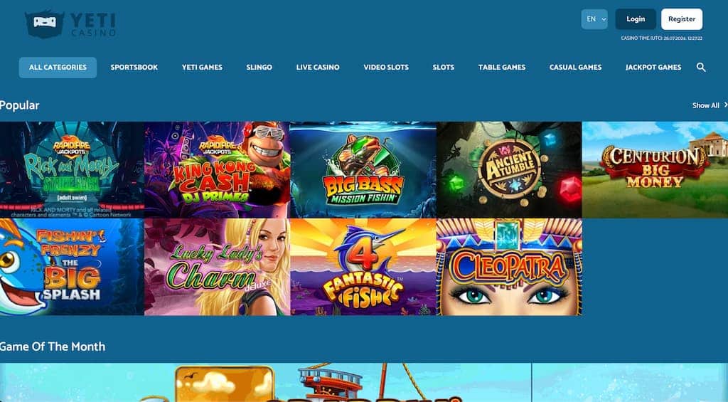 Yeti Casino front page