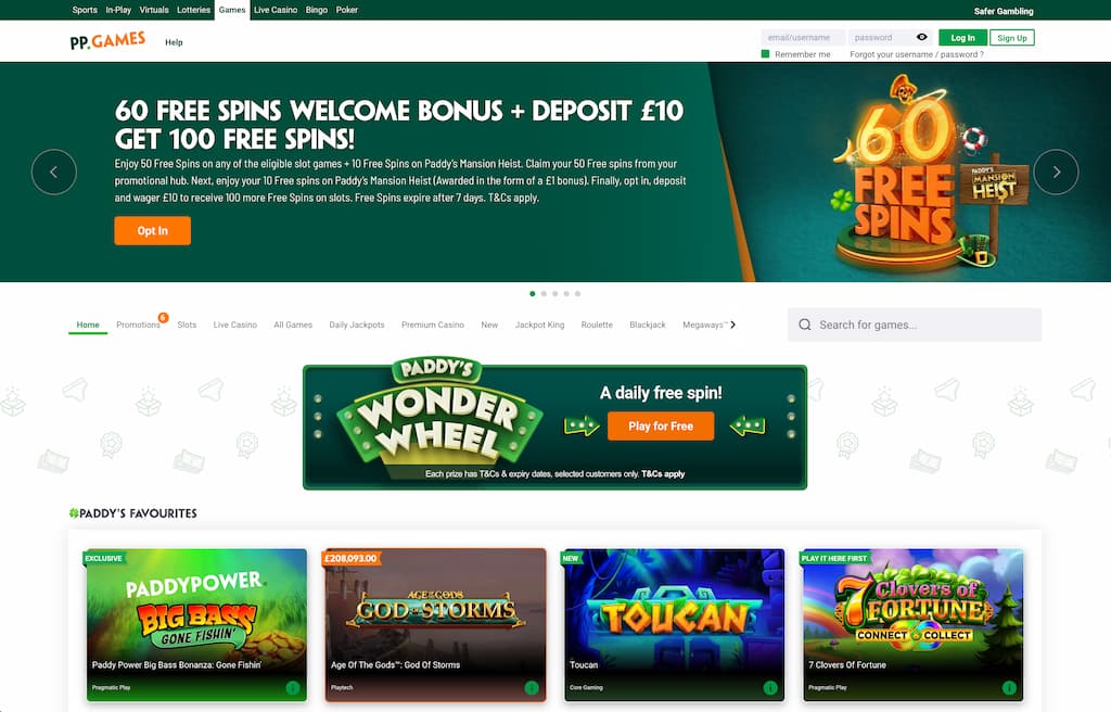 Paddy Power casino front page