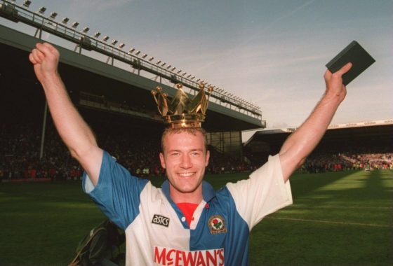 Alan Shearer Celebrating With the Crown on His Head After He Won the Premier League With Blackburn Rovers