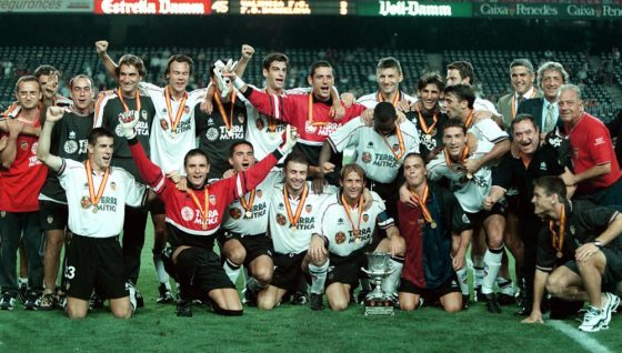 Valencia Players in Cheery Mood After Winning the Supercopa in 1999