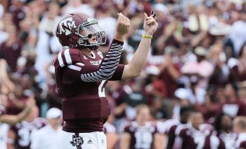 College football superstar Johnny Manziel celebrating a touchdown