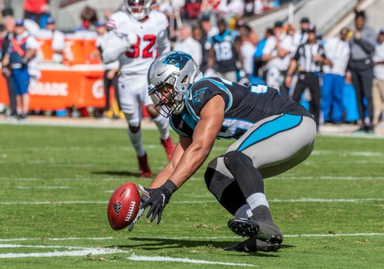 Carolina Panthers running back Reggie Bonnafon bobbles a kickoff return