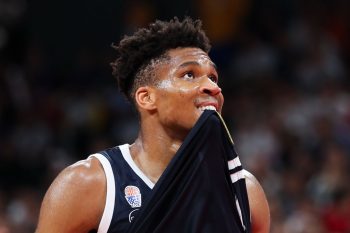 Giannis Antetokounmpo of Greece reacts during FIBA World Cup 2019