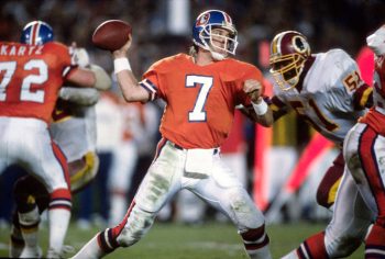 John Elways throwing a pass against the Washington Redskins