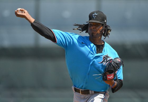 A pitcher for the Miami Marlins tries to record a strikeout