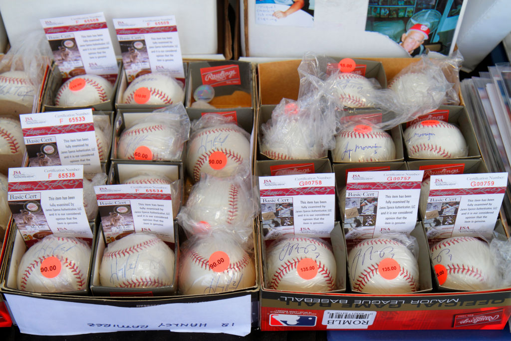 Autographed baseballs for sale at Marlins Park.