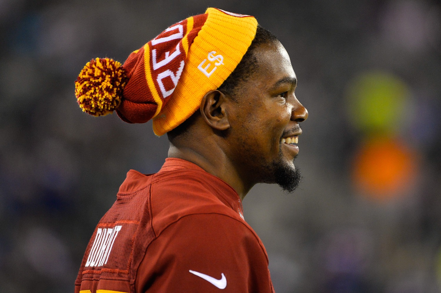 Kevin Durant dons custom jersey for Redskins game