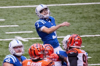 Rodrigo Blankenship watches one of his kicks during a Colts game