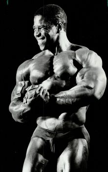 Flexing his muscles. England's Bertil Fox shows off his body yesterday at the men's world pro bodybuilding championships at the Skylien Hotel.