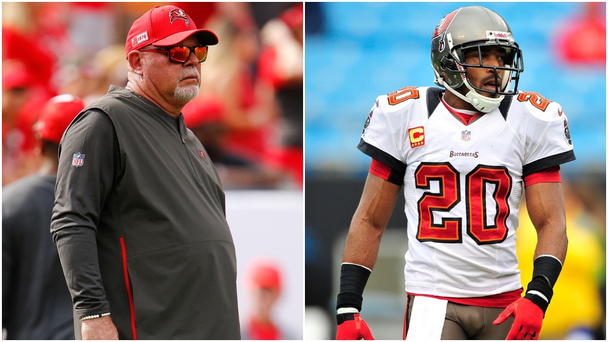 What is Buccaneers coach Bruce Arians wearing around his chest?