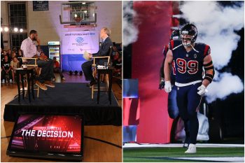 LeBron James and ESPN's Jim Gray speak at the LeBron James announcement of his future NBA plans at the Boys & Girls Club of America, as J.J. Watt of the Houston Texans is introduced to the crowd before playing the Miami Dolphins at NRG Stadium.