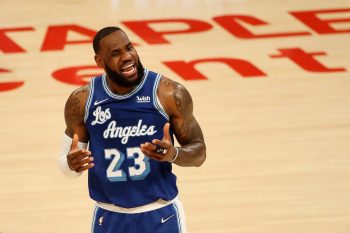 LeBron James of the LA Lakers reacts to a play during the second quarter against the Brooklyn Nets at Staples Center on February 18, 2021.