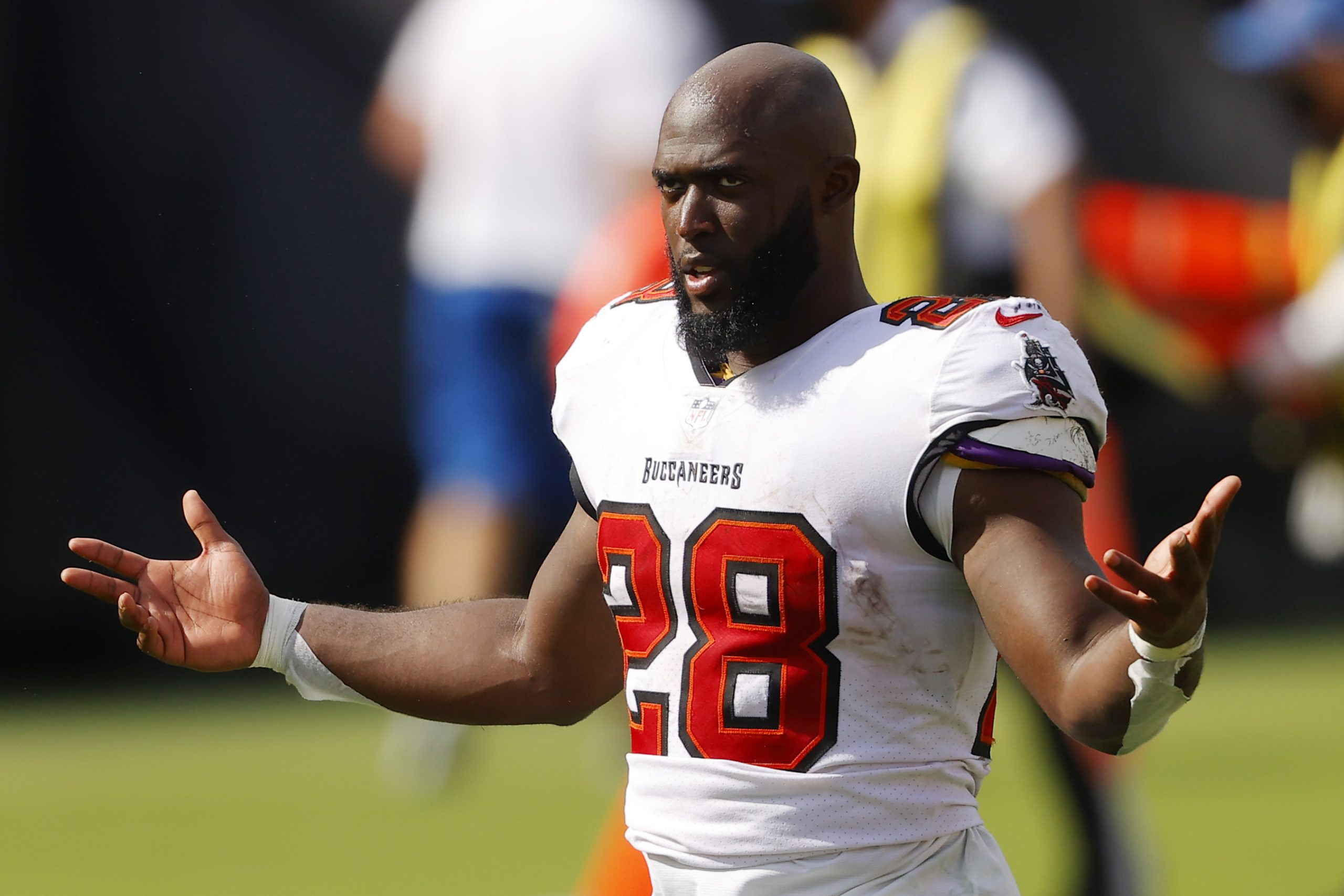 Leonard Fournette of the Tampa Bay Buccaneers walks off the field