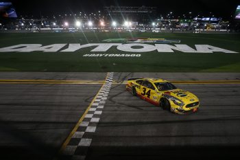 Michael McDowell at the finish line of the NASCAR Daytona 500 at Daytona International Speedway