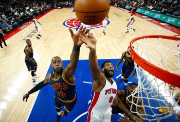 Andre Drummond and LeBron James, who are now LA Lakers teammates, battle for a rebound in 2017