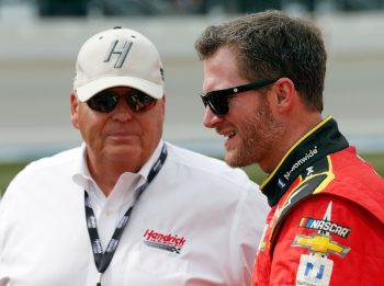 Dale Earnhardt Jr. and Rick Hendrick talk before race.