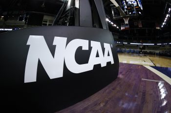 The NCAA logo at the 2021 NCAA Tournament