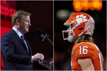 NFL commissioner Roger Goodell stands at the podium during the NFL draft as Clemson quarterback Trevor Lawrence focuses ahead.