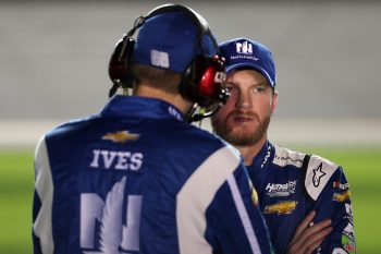 Dale Earnhardt Jr. and Greg Ives talk before race