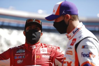 Denny Hamlin talks with Bubba Wallace