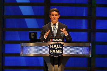 Jeff Gordon gives a speech during his induction into the NASCAR Hall of Fame.