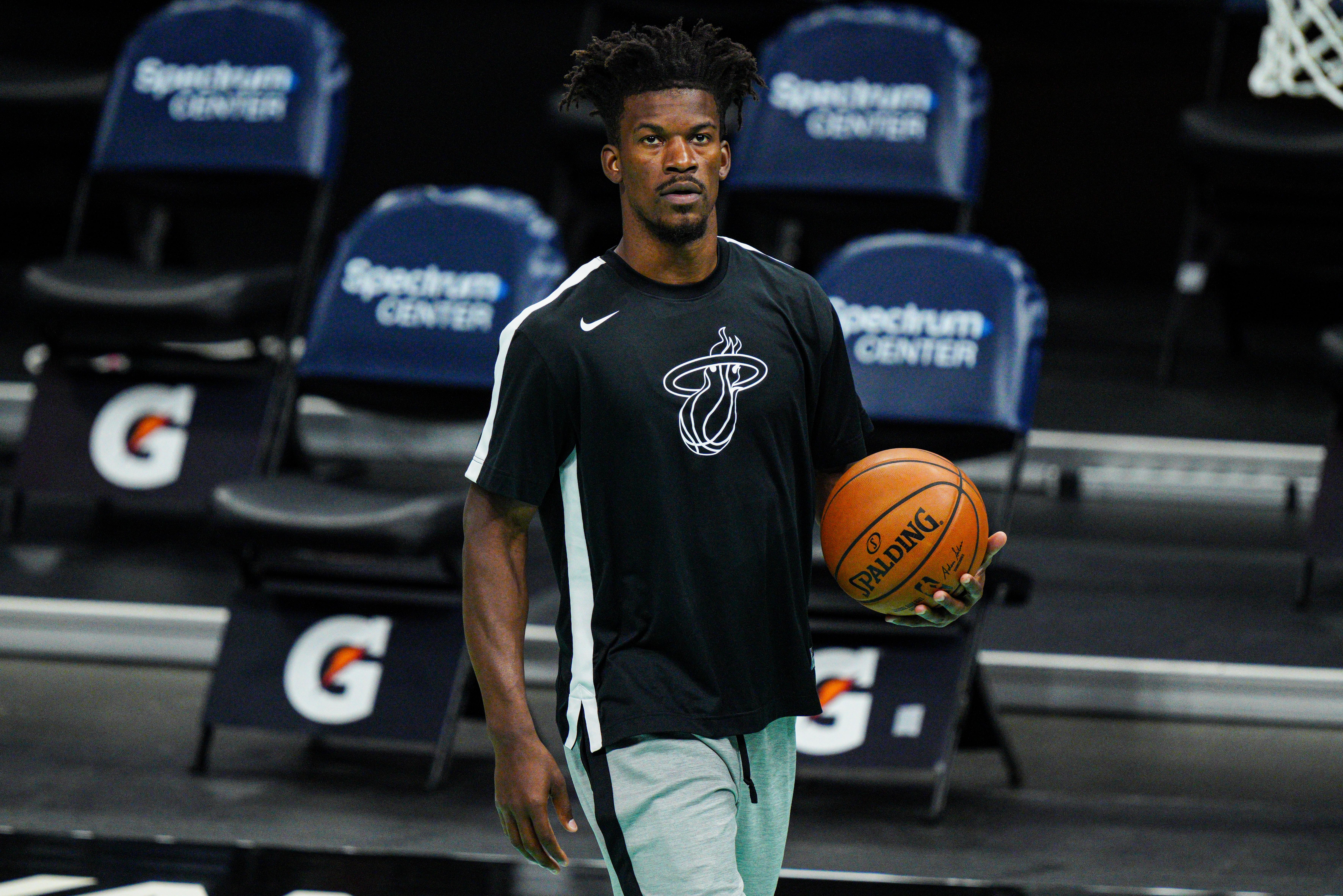 Jimmy Butler of the Miami Heat warms up
