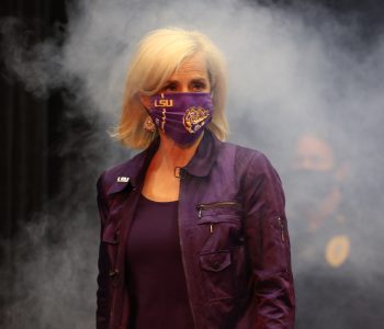 Kim Mulkey, the newly hired women's basketball coach at Louisiana State University, speaks during a press conference at Pete Maravich Assembly Center on April 26, 2021 in Baton Rouge, Louisiana