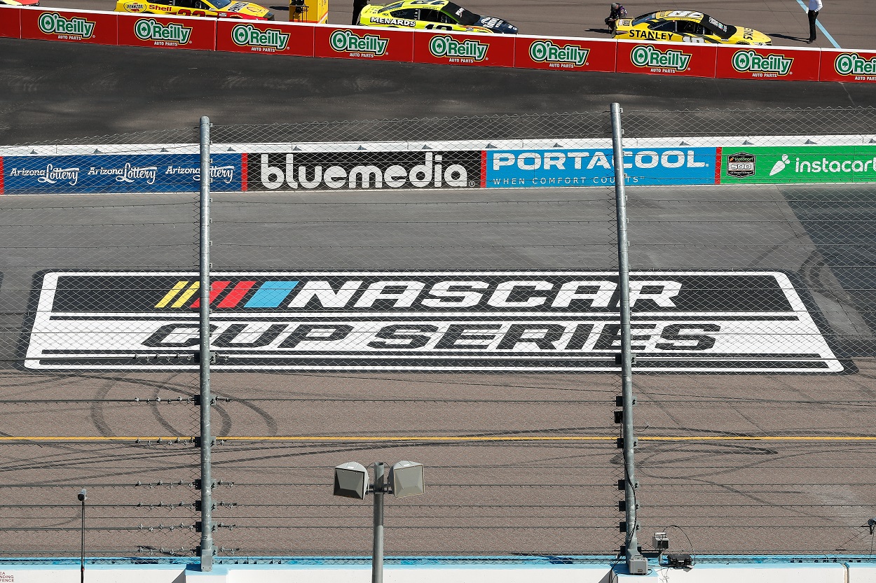 The NASCAR Cup Series logo at Phoenix ISM Raceway in March 2021
