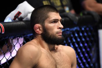 Former UFC fighter Khabib Nurmagomedov of Russia stands in his corner prior to a 2020 fight