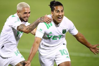 Austin FC players celebrate goal