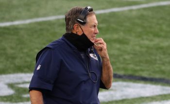 Bill Belichick of the New England Patriots looks on from the sidelines during their NFL game against the San Francisco 49ers at Gillette Stadium on Oct. 25, 2020.