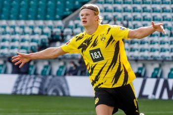 Erling Haaland of Borussia Dortmund celebrates after scoring his team's second goal during the Bundesliga match between vs. VfL Wolfsburg on April 24, 2021.