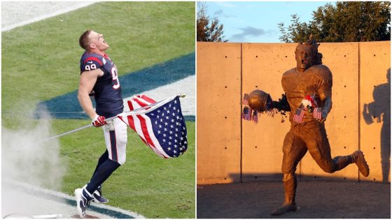 (L) J.J. Watt #99 of the Houston Texans runs out on the field carrying the American flag as he is introduced before playing against the Oakland Raiders on November 17, 2013; (R) Fans adorn the Pat Tillman statue with American flags in honor of the 10 year anniversary of the 9/11 attacks following the NFL season opening game between the Carolina Panthers and the Arizona Cardinals at the University of Phoenix Stadium on September 11, 2011 in Glendale, Arizona.