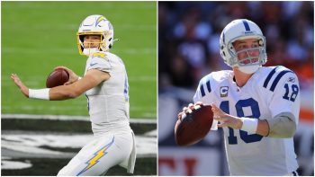 (L) Quarterback Justin Herbert of the Los Angeles Chargers drops back to pass during the NFL game against the Las Vegas Raiders at Allegiant Stadium on December 17, 2020 (R) Quarterback Peyton Manning of the Indianapolis Colts drops back to pass against the Denver Broncos at INVESCO Field at Mile High on September 26, 2010.