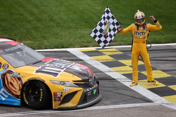 Kyle Busch celebrates after winning the NASCAR Cup Series Buschy McBusch Race 400 at Kansas Speedway on May 2, 2021, in Kansas City, Kansas.