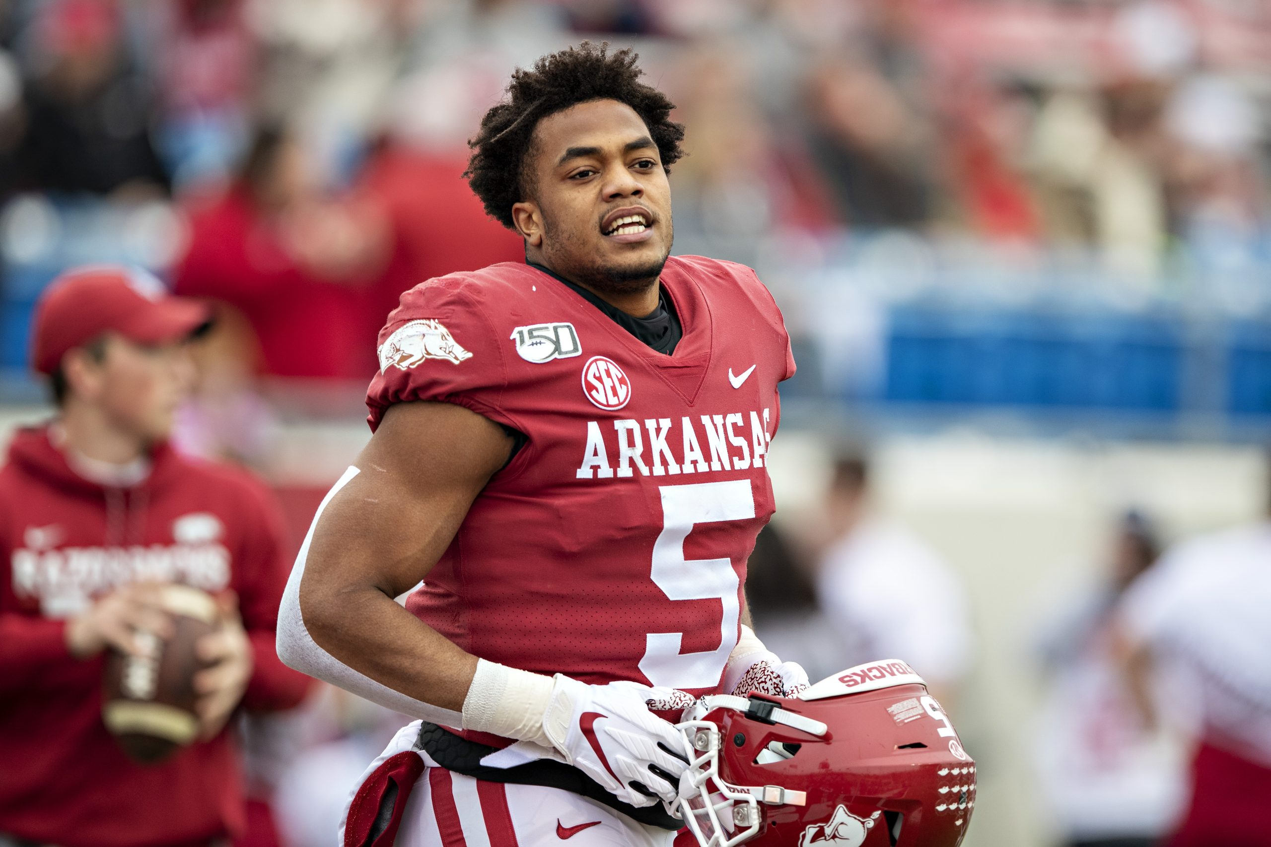 Rakeem Boyd of the Arkansas Razorbacks warms up before a game against the Missouri Tigers at War Memorial Stadium on November 29, 2019 in Little Rock, Arkansas.