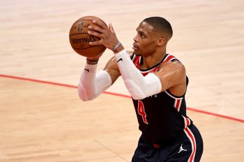 All-time NBA triple-double leader Russell Westbrook shoots during a Wizards-Pacers matchup in May 2021