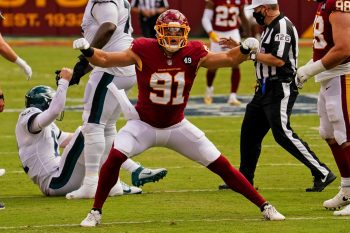 Washington Football Team linebacker Ryan Kerrigan celebrates recording a sack against the Philadelphia Eagles.