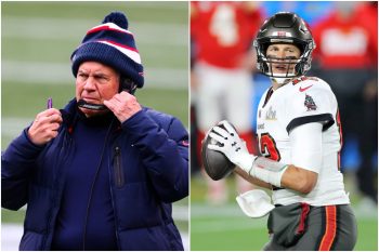 New England Patriots coach Bill Belichick on his headset as Tom Brady prepares to throw.