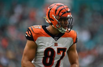 C.J. Uzomah of the Cincinnati Bengals lines up against the Miami Dolphins in the first quarter at Hard Rock Stadium on December 22, 2019 in Miami, Florida.