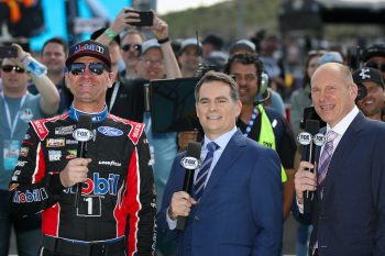 NASCAR Fox Sports commentators Clint Bowyer, Jeff Gordon, and Adam Alexander