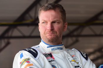 Dale Earnhardt Jr., is in the garage prior to a NASCAR Xfinity Series race in 2019.