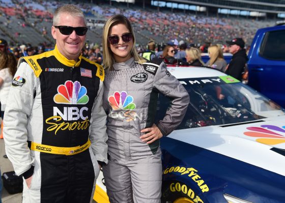 Former NASCAR driver and NBC broadcaster Jeff Burton on stands on grid