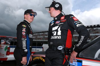 Kyle Busch and John Hunter Nemechek talk before Pocono Truck Series race