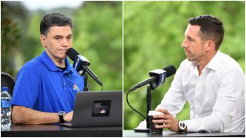 (L-R) PFT's Mike Florio and San Francisco 49ers head coach Kyle Shanahan who are currently engaged in a feud.